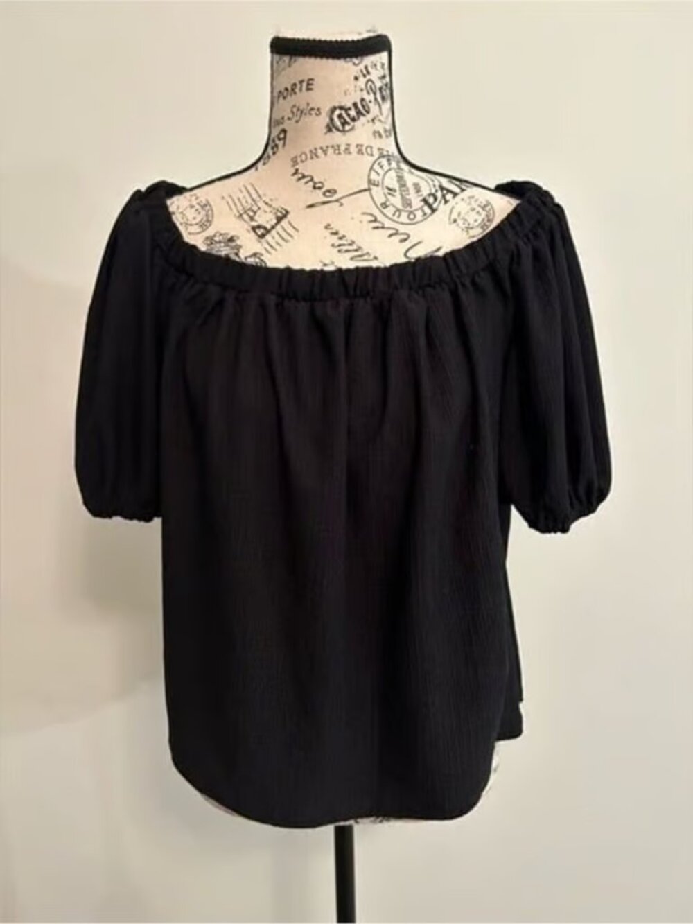 Anthropologie Black Off Shoulder Top Puff Sleeve Elastic Neckline Casual